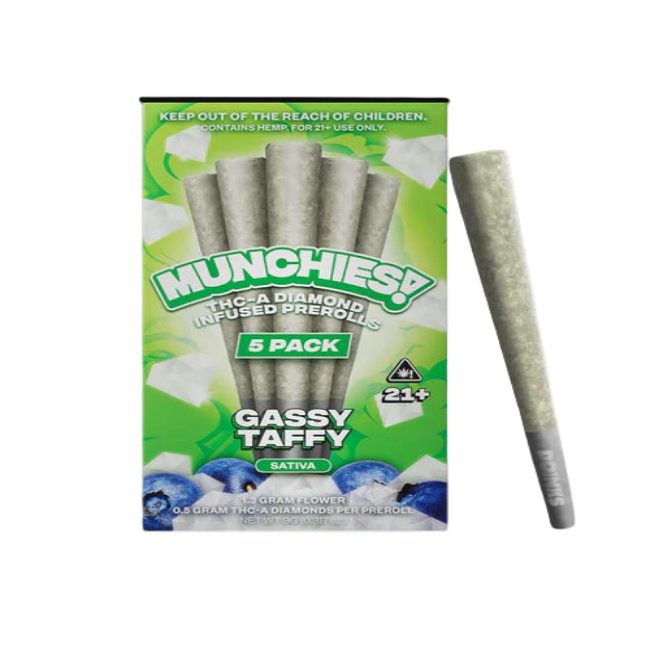 MUNCHIES THC-A DIAMOND PREROLLS 5PK – GASSY TAFFY SATIVA - Seven Tech