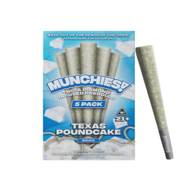 MUNCHIES THC-A DIAMOND PREROLLS 5PK – TEXAS POUNDCAKE INDICA - Seven Tech