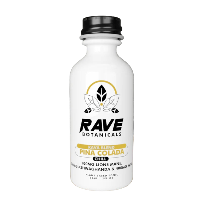 RAVE BOTANICALS KAVA BLEND CHILL 2OZ (60ML) β PINA COLADA | 100MG LIONβS MANE + 100MG ASHWAGANDHA - Seven Tech