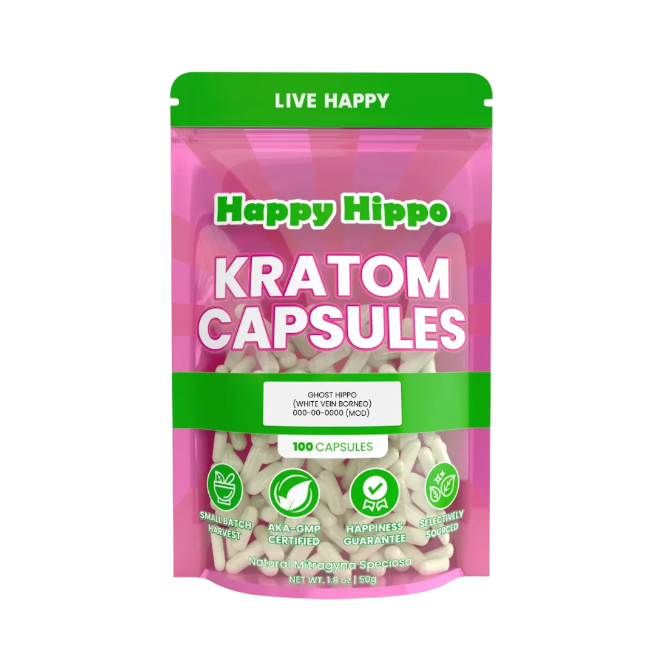 HAPPY HIPPO KRATOM CAPSULE 100CT / 50G / 1.8OZ - GHOST HIPPO / BORNEO WHITE VEIN - Seven Tech