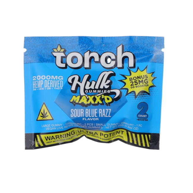 Torch Hulk Gummies Maxx’d 2000mg + 25mg D9 Booster 2ct Sour Blue Razz - Seven Tech
