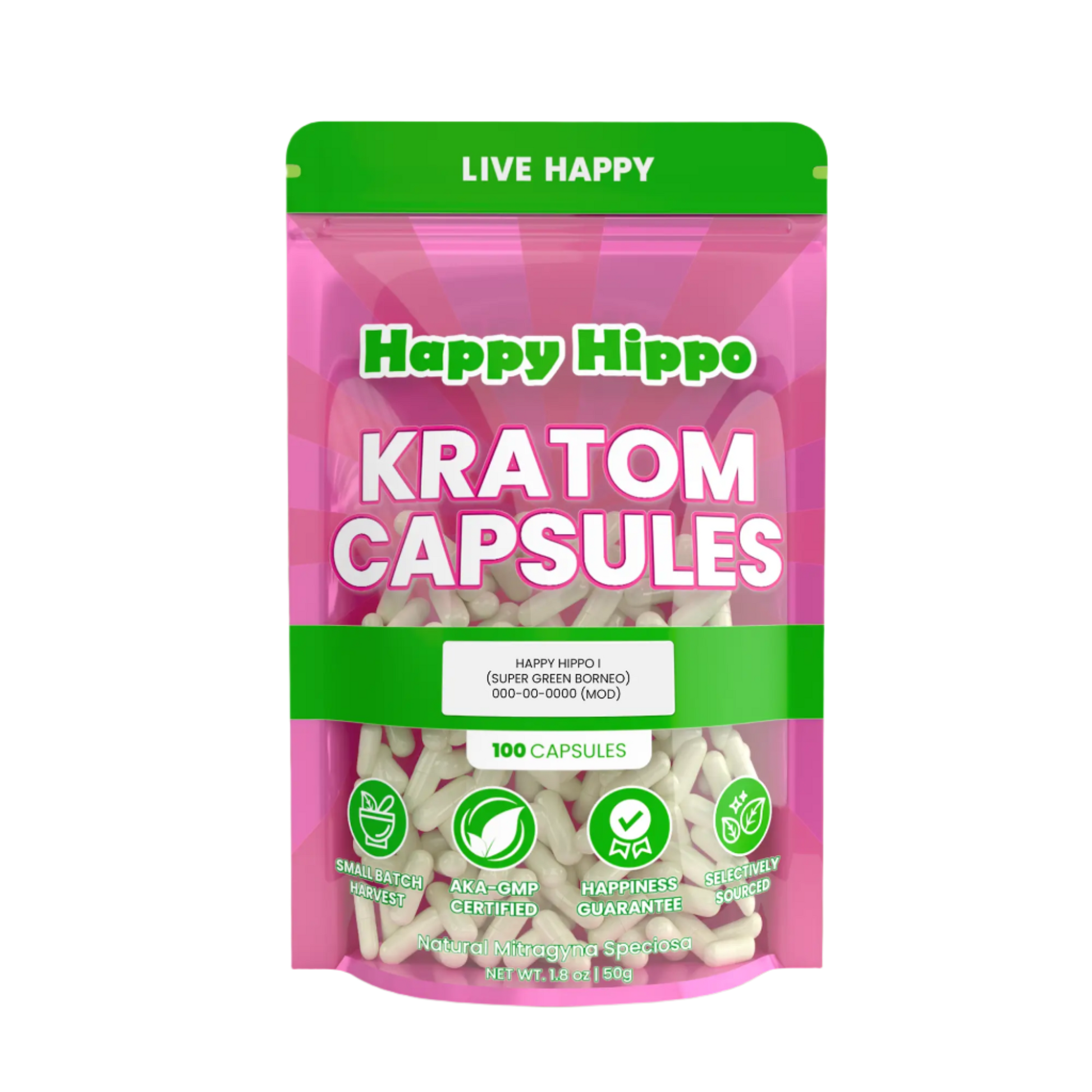 HAPPY HIPPO KRATOM CAPSULE 100CT / 50G / 1.8OZ - HAPPY HIPPO I / BORNEO GREEN VEIN - Seven Tech