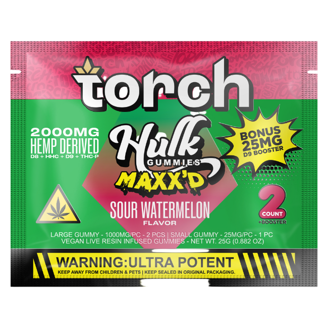 Torch Hulk Gummies Maxx’d 2000mg + 25mg D9 Booster 2ct Sour Watermelon - Seven Tech