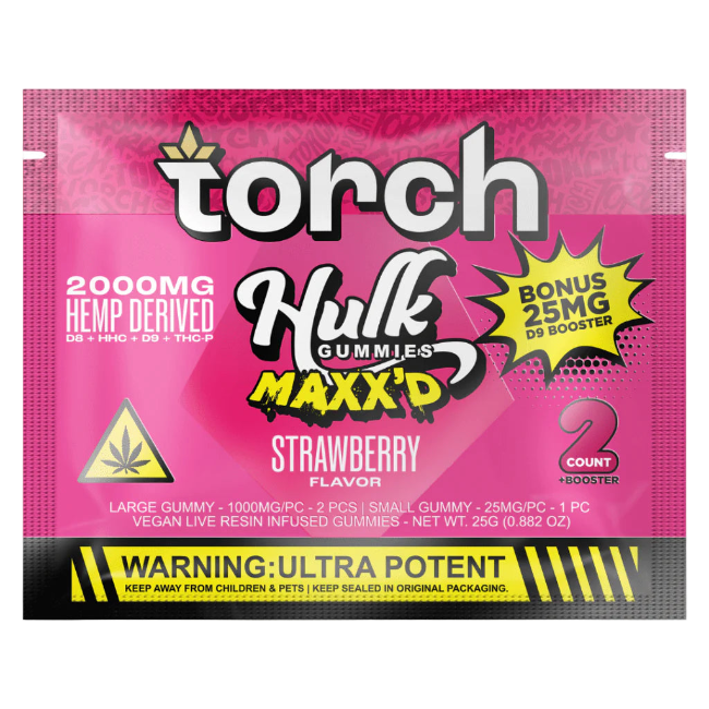 Torch Hulk Gummies Maxx’d 2000mg + 25mg D9 Booster 2Ct Strawberry - Seven Tech