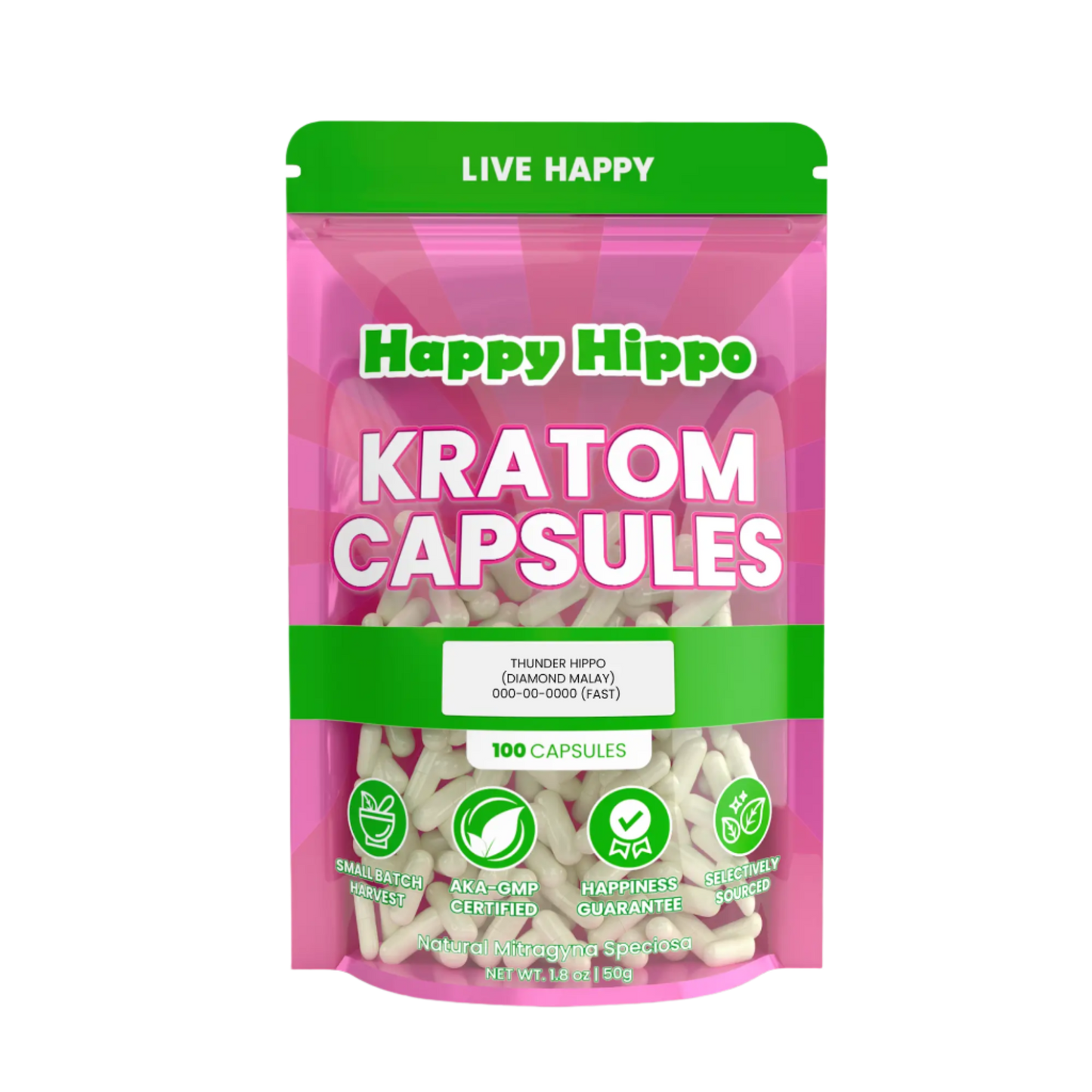 HAPPY HIPPO KRATOM CAPSULE 100CT / 50G / 1.8OZ - THUNDER HIPPO / MALAY WHITE VEIN - Seven Tech
