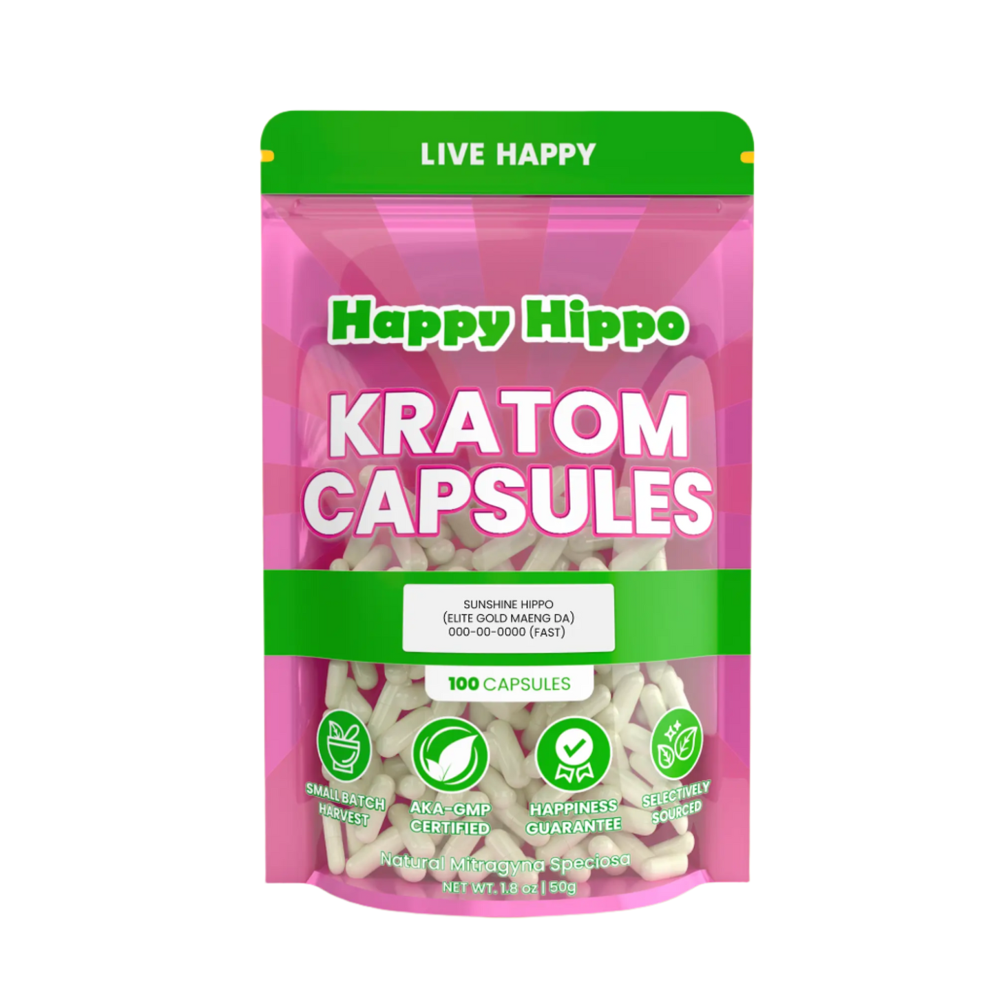 HAPPY HIPPO KRATOM CAPSULE 100CT / 50G / 1.8OZ - SUNSHINE HIPPO / MAENG DA YELLOW VEIN - Seven Tech