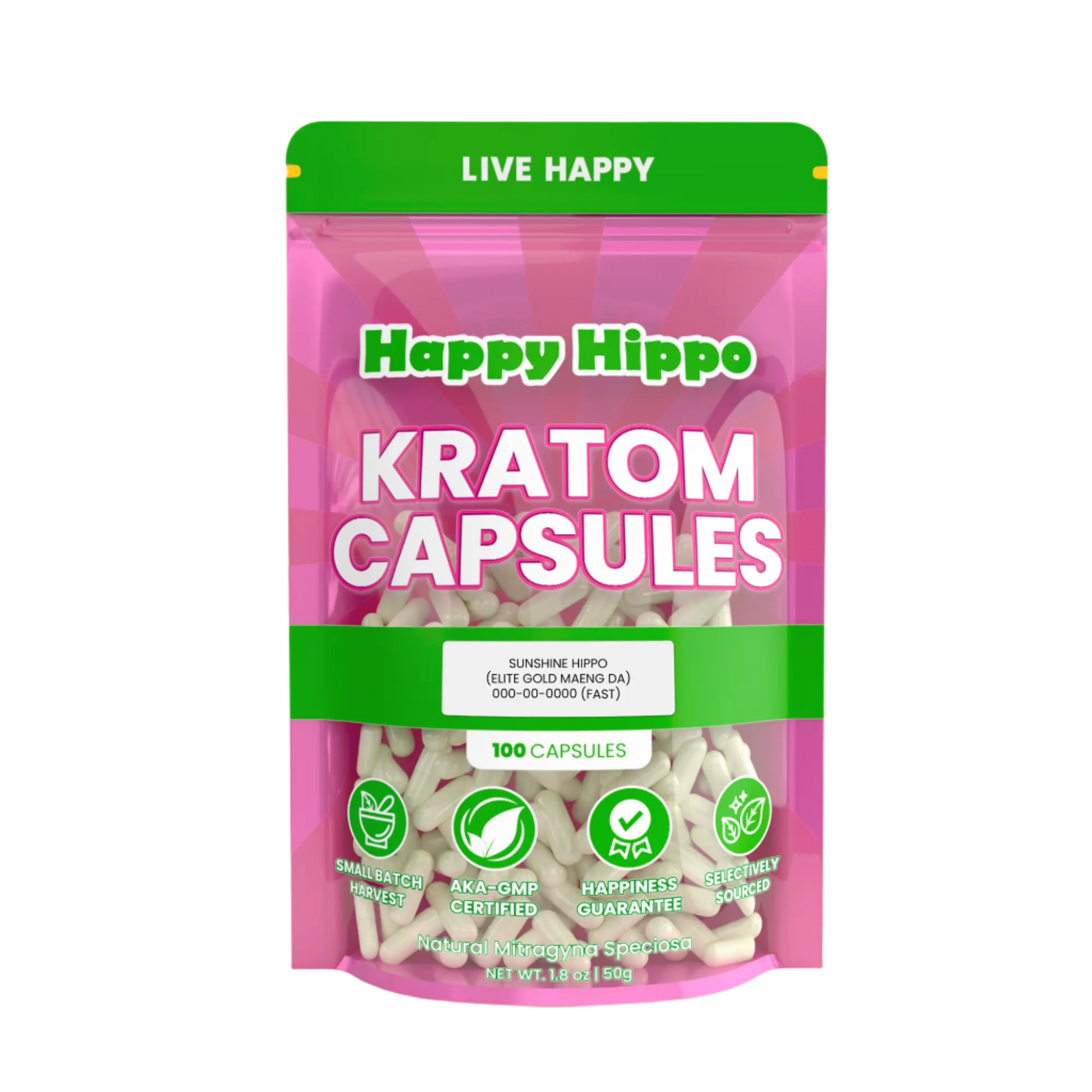 HAPPY HIPPO KRATOM CAPSULE 100CT / 50G / 1.8OZ - SUNSHINE HIPPO / MAENG DA YELLOW VEIN - Seven Tech