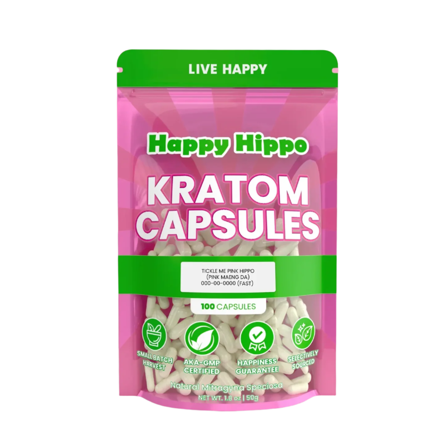 HAPPY HIPPO KRATOM CAPSULE 100CT / 50G / 1.8OZ - TICKLE ME PINK HIPPO / MAENG DA WHITE VEIN / MAENG DA RED VEIN - Seven Tech