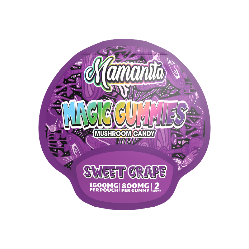 Purple packaging of Mamanita Magic Gummies Sweet Grape flavor on a white background