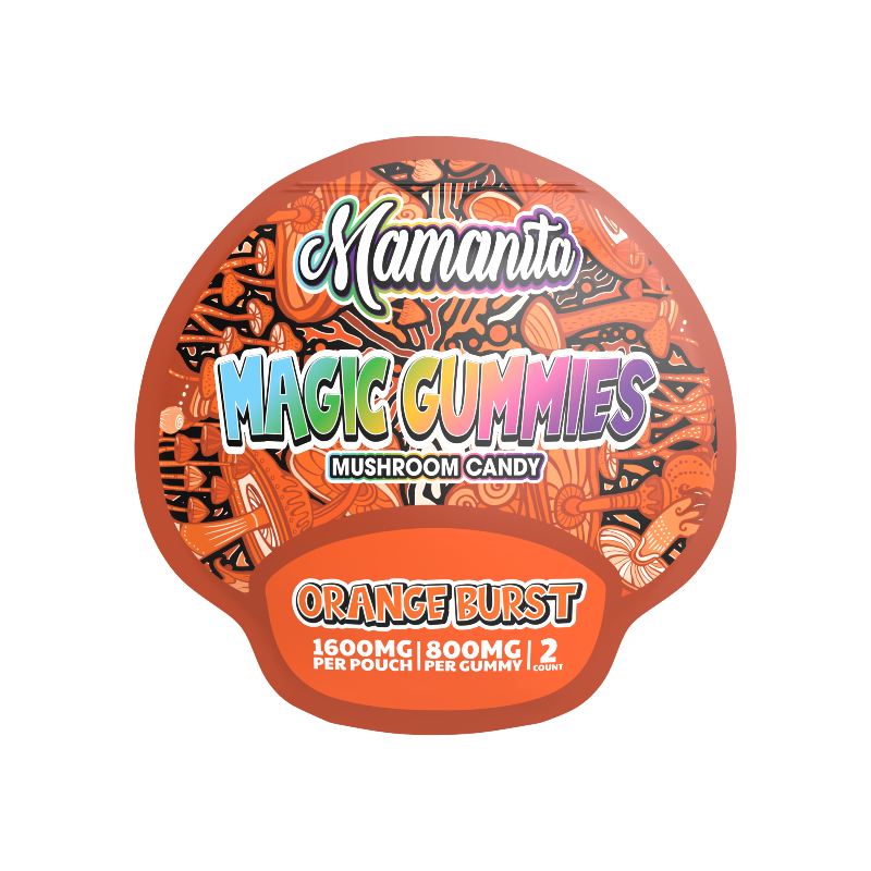 Mamanita Magic Gummies packaging for Orange Burst flavor on a white background