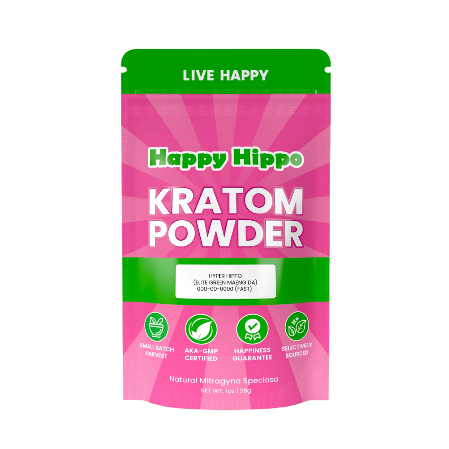 HAPPY HIPPO KRATOM POWDER 1123G / 4OZ - HYPER HIPPO / MAENG DA GREEN VEIN - Seven Tech