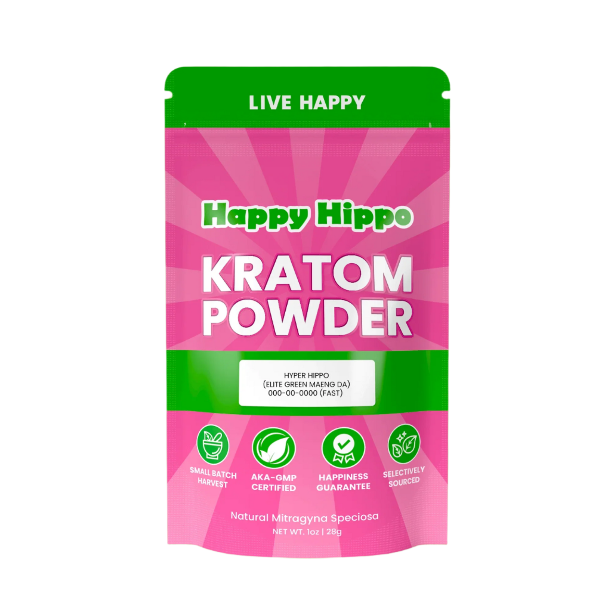 HAPPY HIPPO KRATOM POWDER 1123G / 4OZ - HYPER HIPPO / MAENG DA GREEN VEIN - Seven Tech