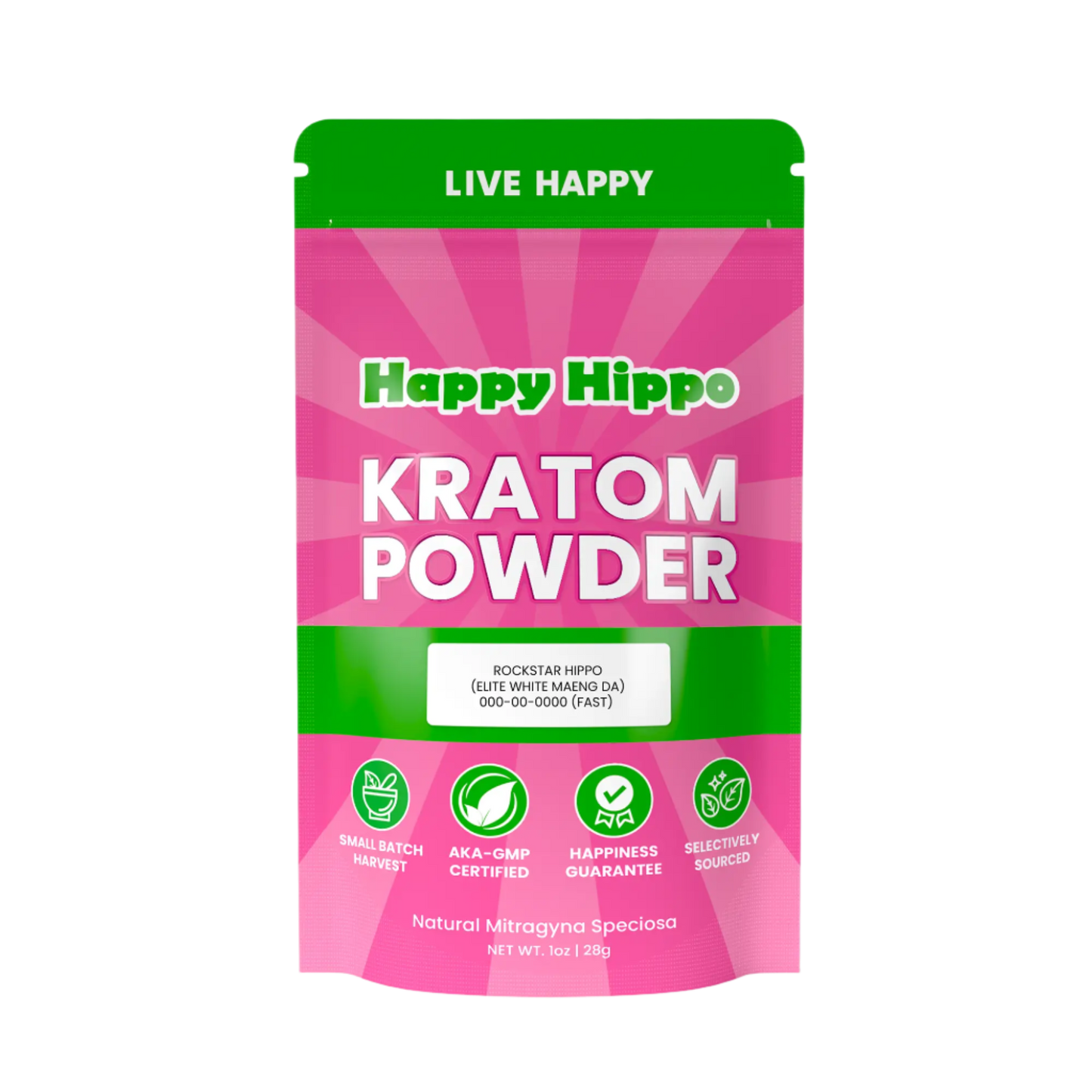 HAPPY HIPPO KRATOM POWDER 1123G / 4OZ - ROCKSTAR HIPPO / MAENG DA WHITE VEIN - Seven Tech