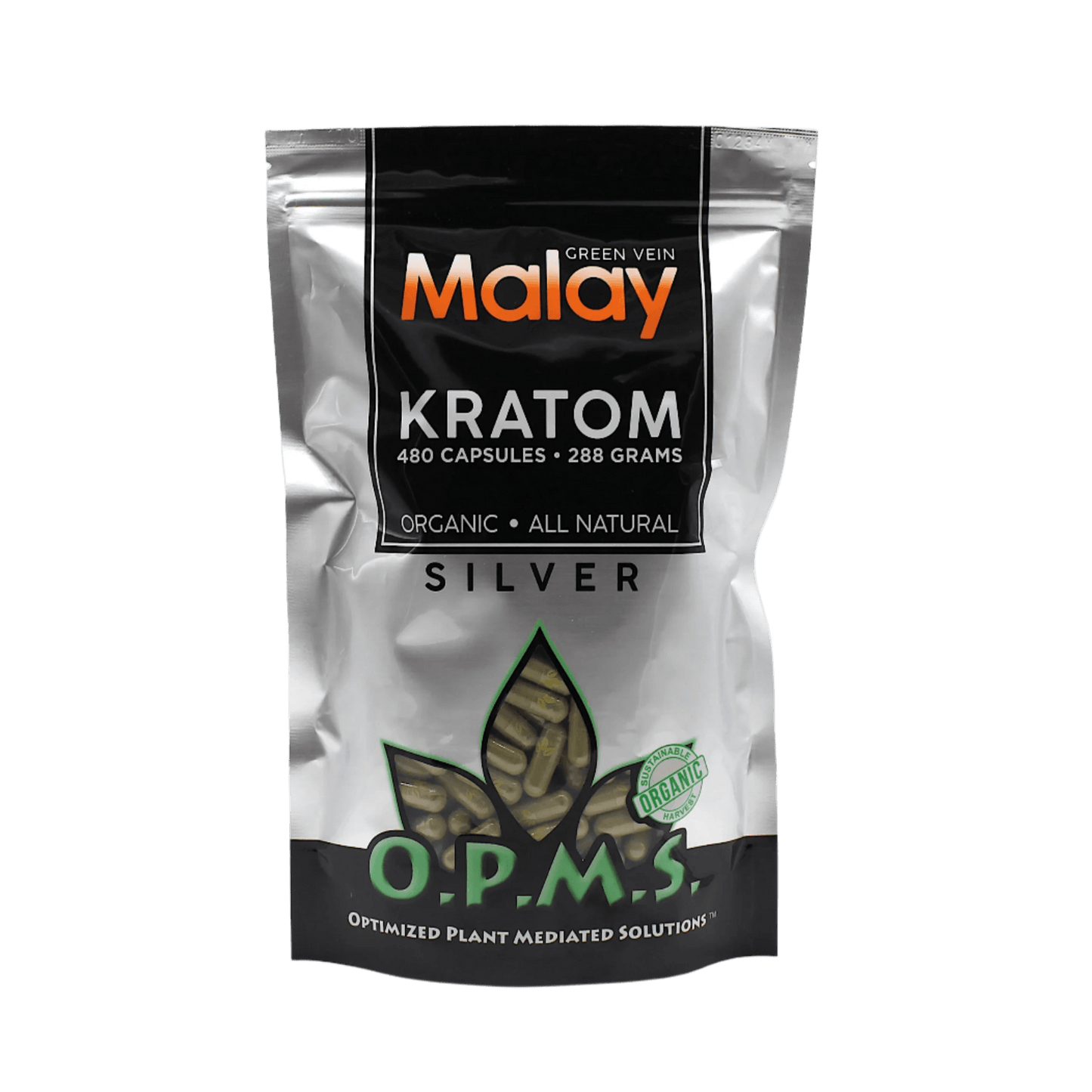 O.P.M.S. SILVER KRATOM CAPSULES 480CT / 288G / 10.16OZ - MALAY GREEN VEIN - Seven Tech