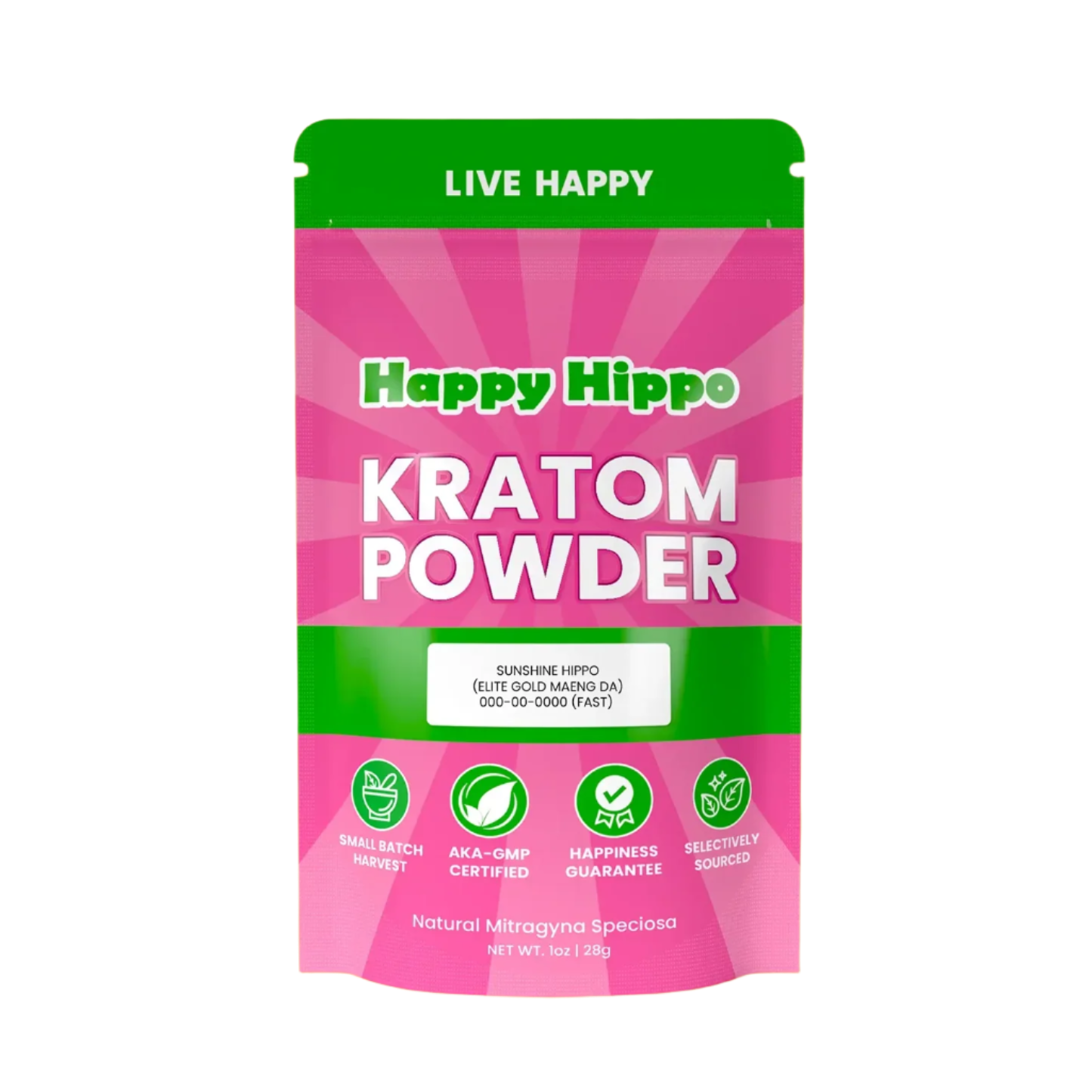HAPPY HIPPO KRATOM POWDER 227G / 8OZ - SUNSHINE HIPPO / MAENG DA YELLOW VEIN - Seven Tech