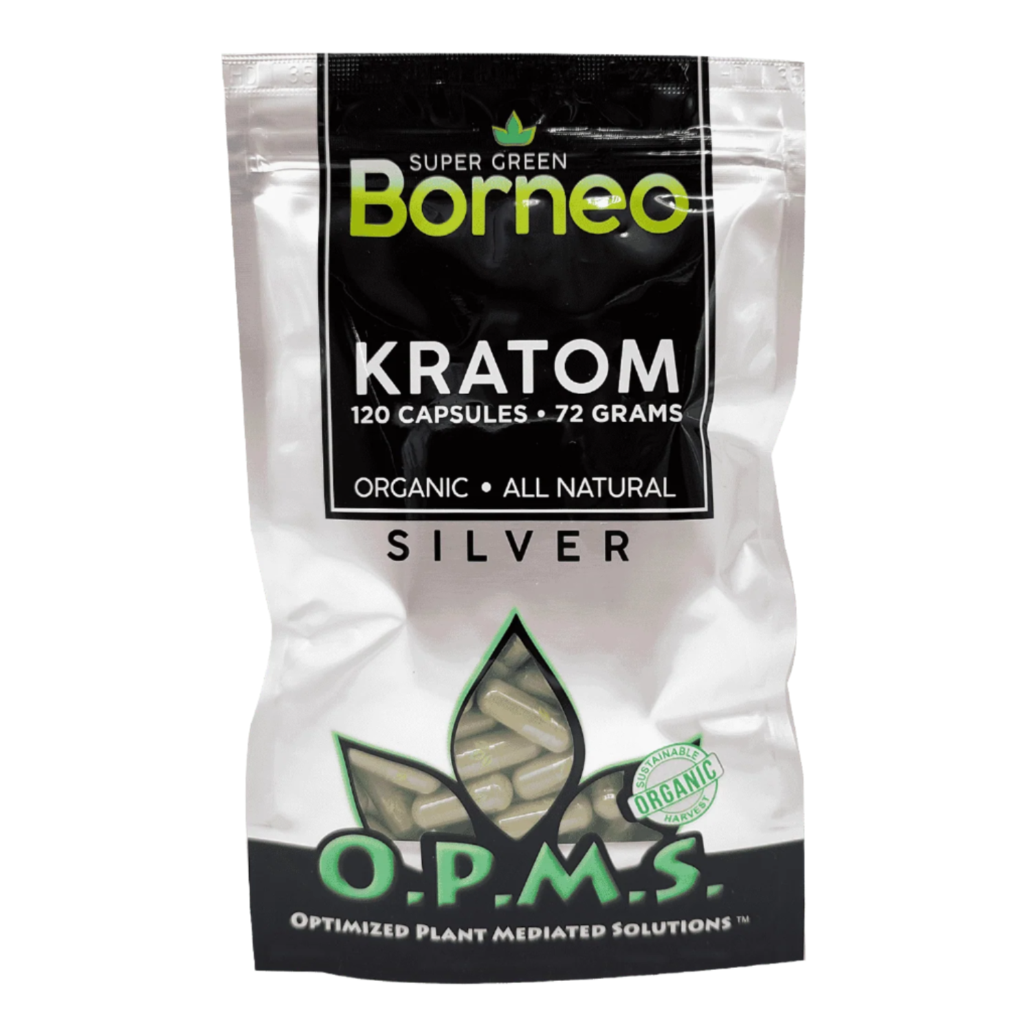 O.P.M.S. SILVER KRATOM CAPSULES 120CT / 72G / 2.54OZ - BORNEO SUPER GREEN VEIN - Seven Tech