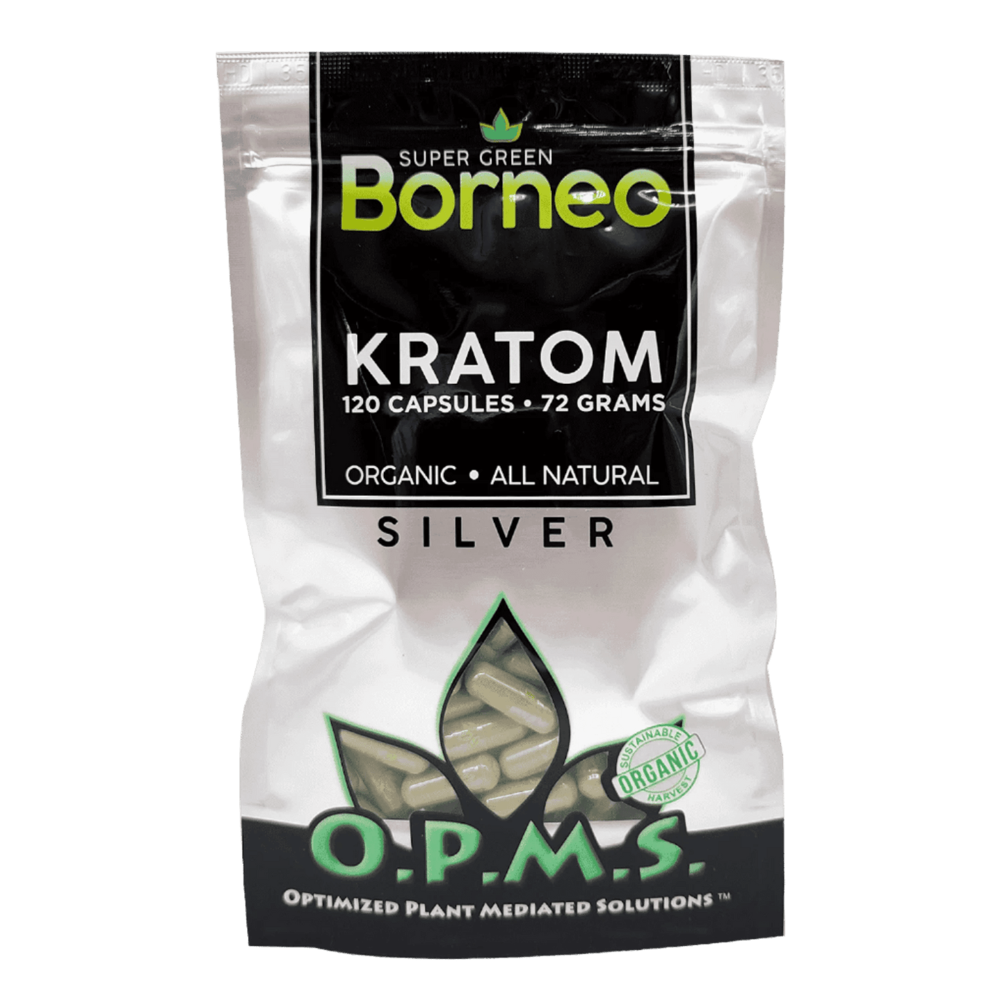 O.P.M.S. SILVER KRATOM CAPSULES 120CT / 72G / 2.54OZ - BORNEO SUPER GREEN VEIN - Seven Tech
