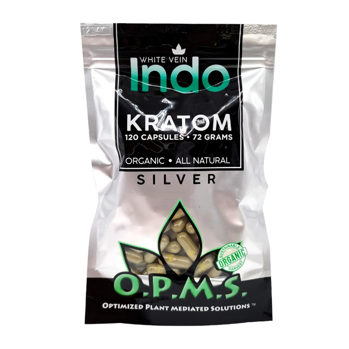 O.P.M.S. SILVER KRATOM CAPSULES 120CT / 72G / 2.54OZ - INDO WHITE VEIN - Seven Tech