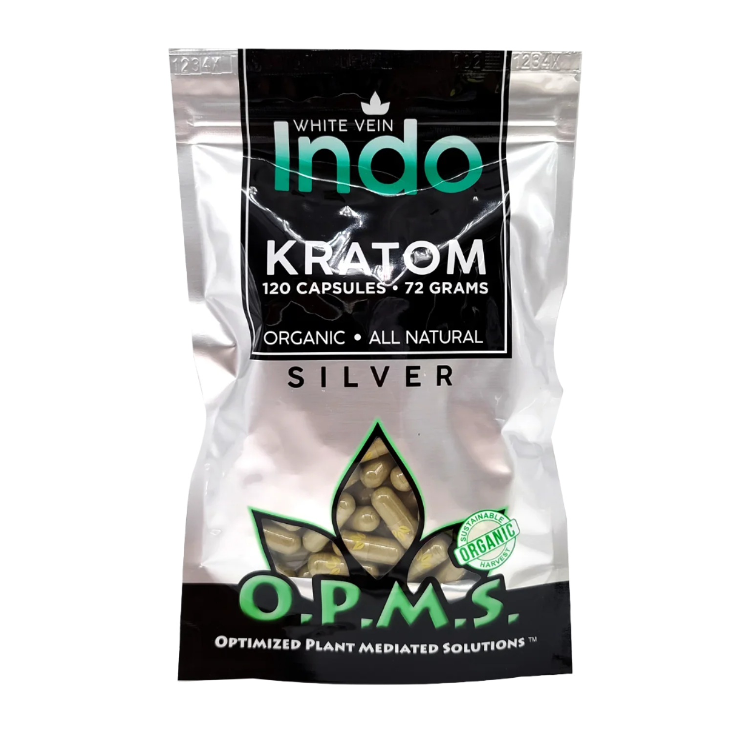 O.P.M.S. SILVER KRATOM CAPSULES 120CT / 72G / 2.54OZ - INDO WHITE VEIN - Seven Tech