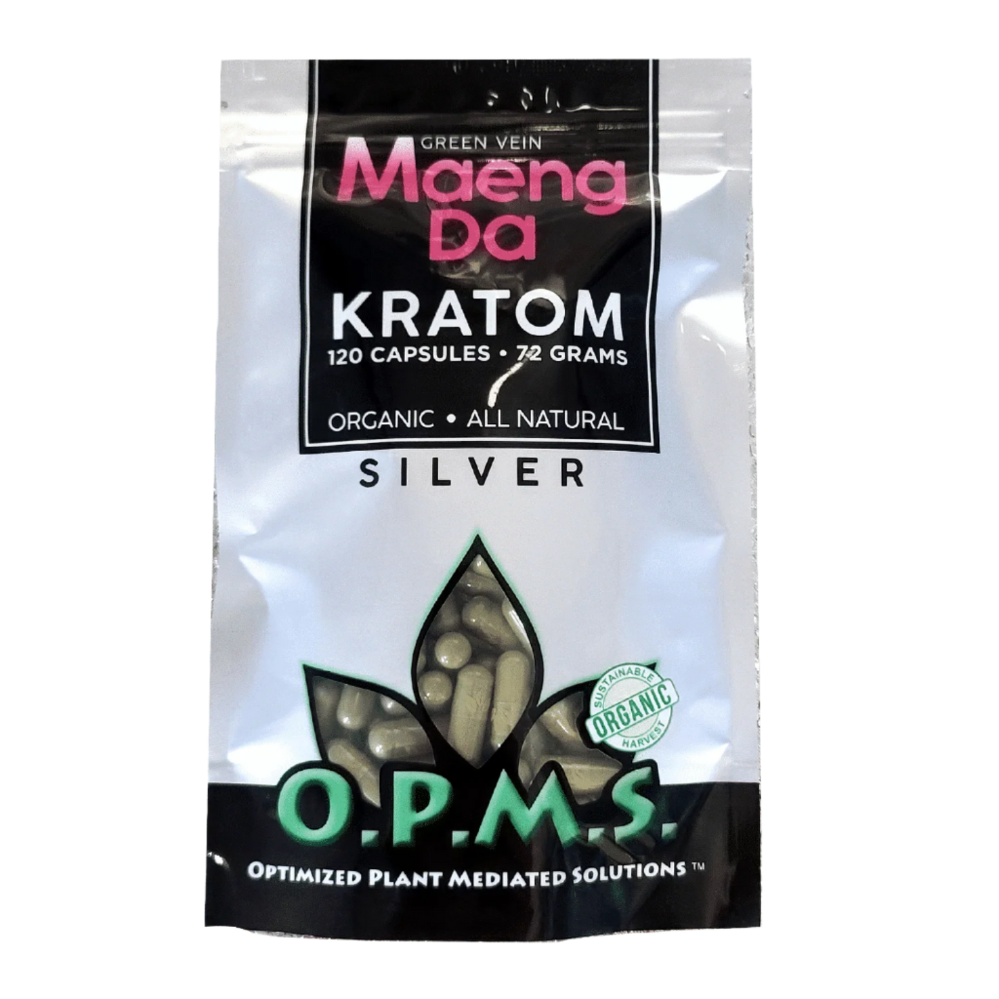 O.P.M.S. SILVER KRATOM CAPSULES 120CT / 72G / 2.54OZ - MAENG DA GREEN VEIN - Seven Tech