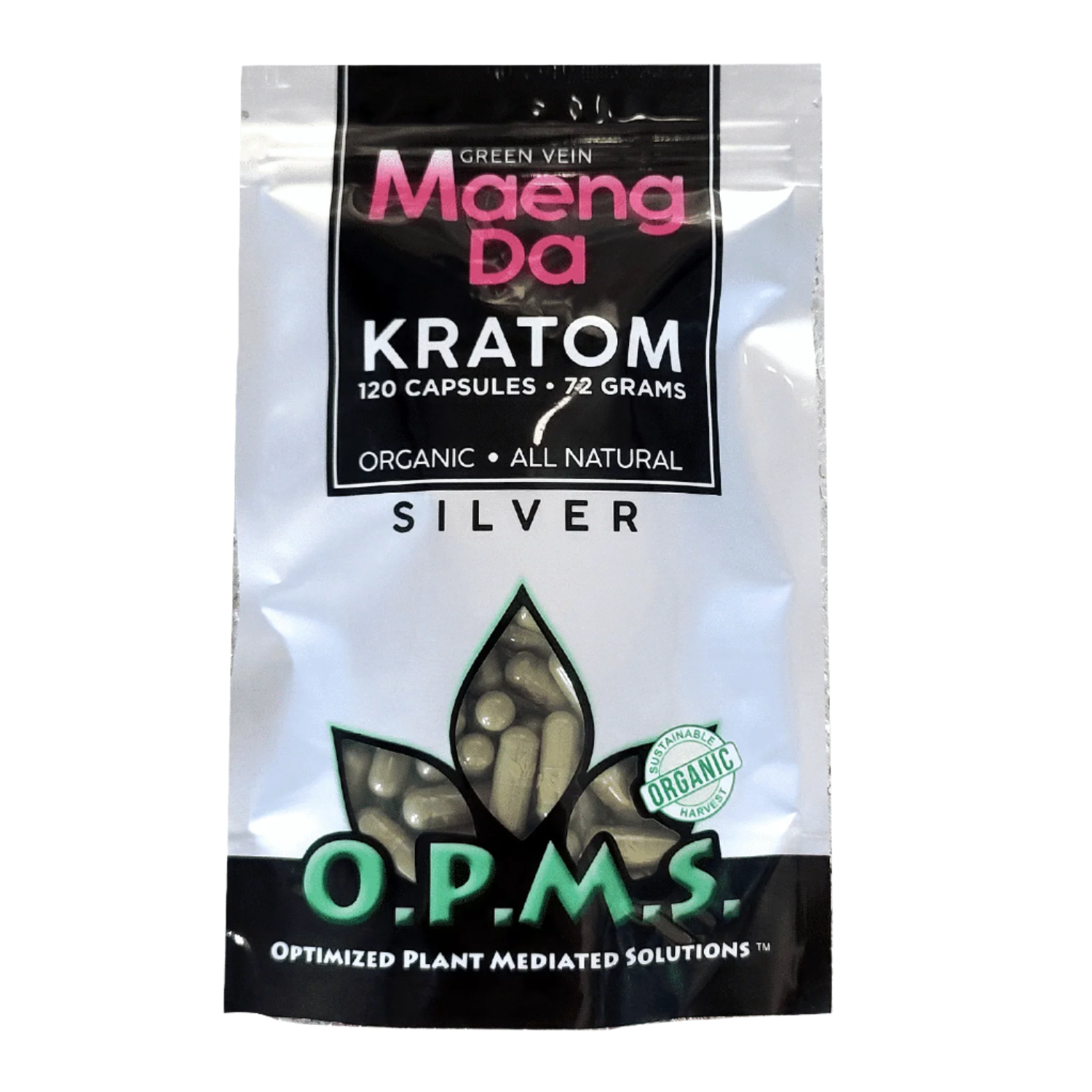 O.P.M.S. SILVER KRATOM CAPSULES 120CT / 72G / 2.54OZ - MAENG DA GREEN VEIN - Seven Tech