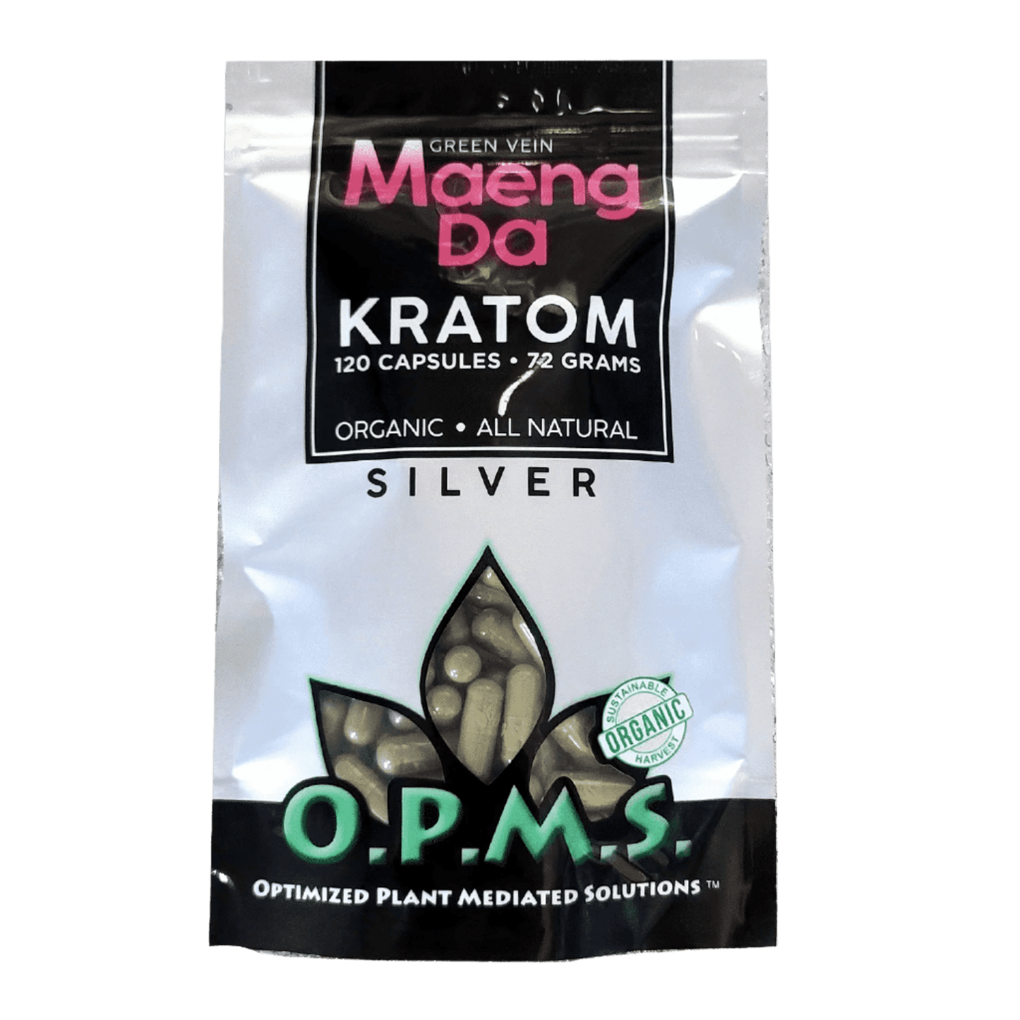 O.P.M.S. SILVER KRATOM CAPSULES 120CT / 72G / 2.54OZ - MAENG DA GREEN VEIN - Seven Tech