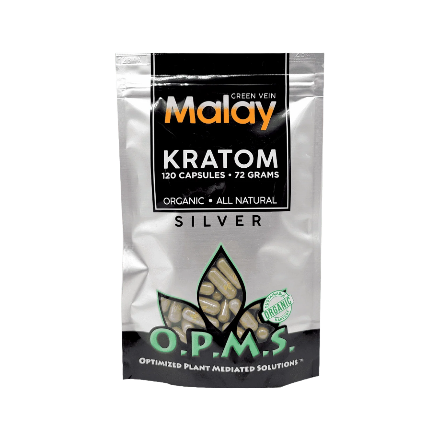 O.P.M.S. SILVER KRATOM CAPSULES 120CT / 72G / 2.54OZ - MALAY GREEN VEIN - Seven Tech