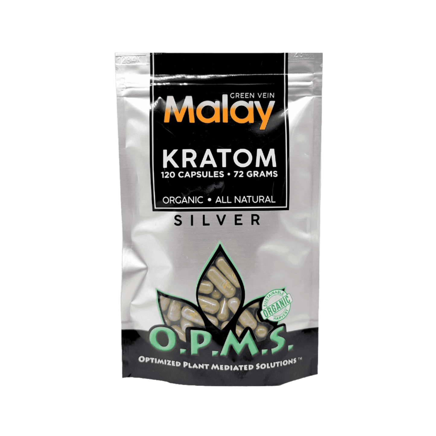 O.P.M.S. SILVER KRATOM CAPSULES 120CT / 72G / 2.54OZ - MALAY GREEN VEIN - Seven Tech