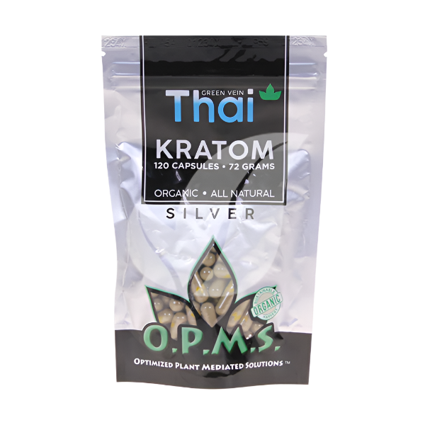 O.P.M.S. SILVER KRATOM CAPSULES 120CT / 72G / 2.54OZ - THAI GREEN VEIN - Seven Tech