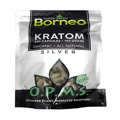 O.P.M.S. SILVER KRATOM CAPSULES 240CT / 144G / 5.08OZ - BORNEO SUPER GREEN VEIN - Seven Tech