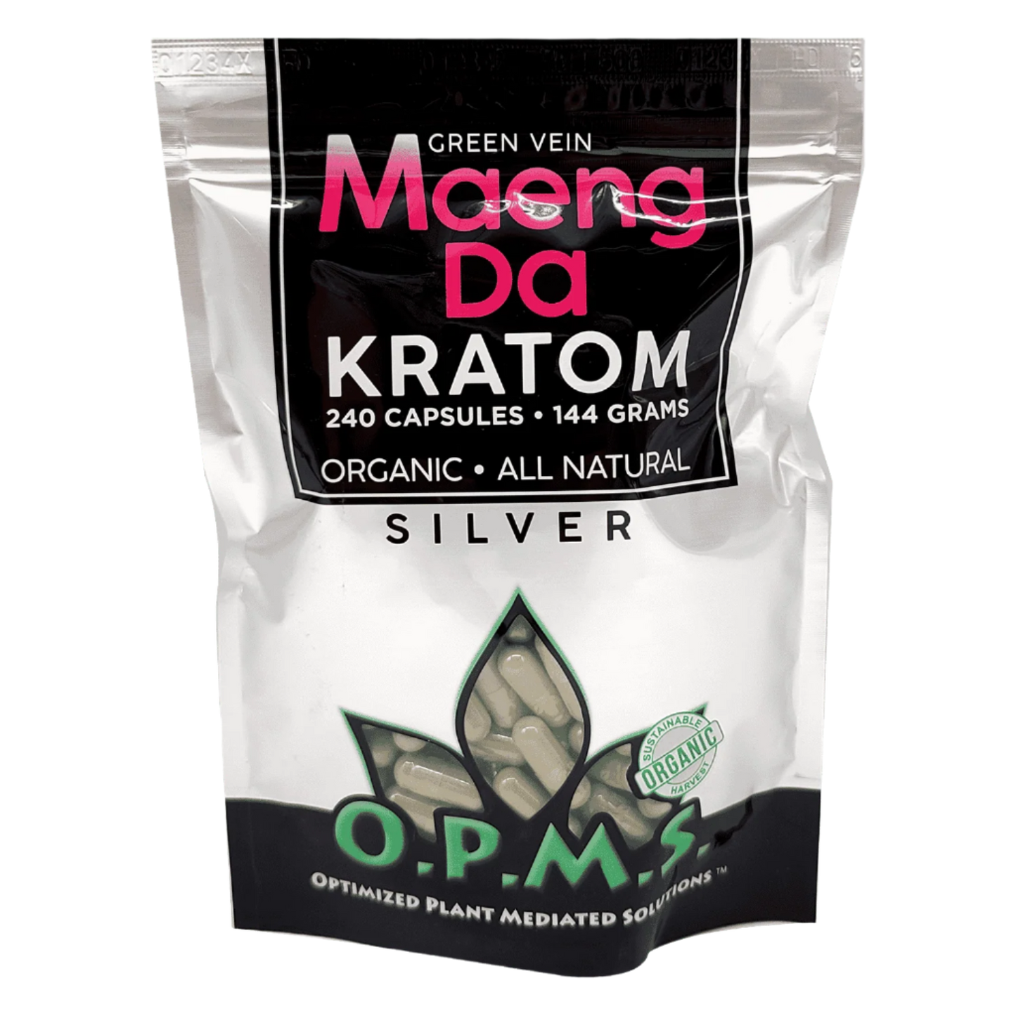 O.P.M.S. SILVER KRATOM CAPSULES 240CT / 144G / 5.08OZ - MAENG DA GREEN VEIN - Seven Tech