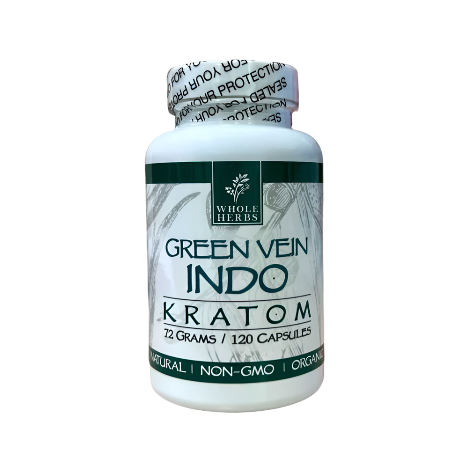 WHOLE HERBS KRATOM CAPSULES 120CT / 72G / 2.5OZ - INDO GREEN VEIN - Seven Tech