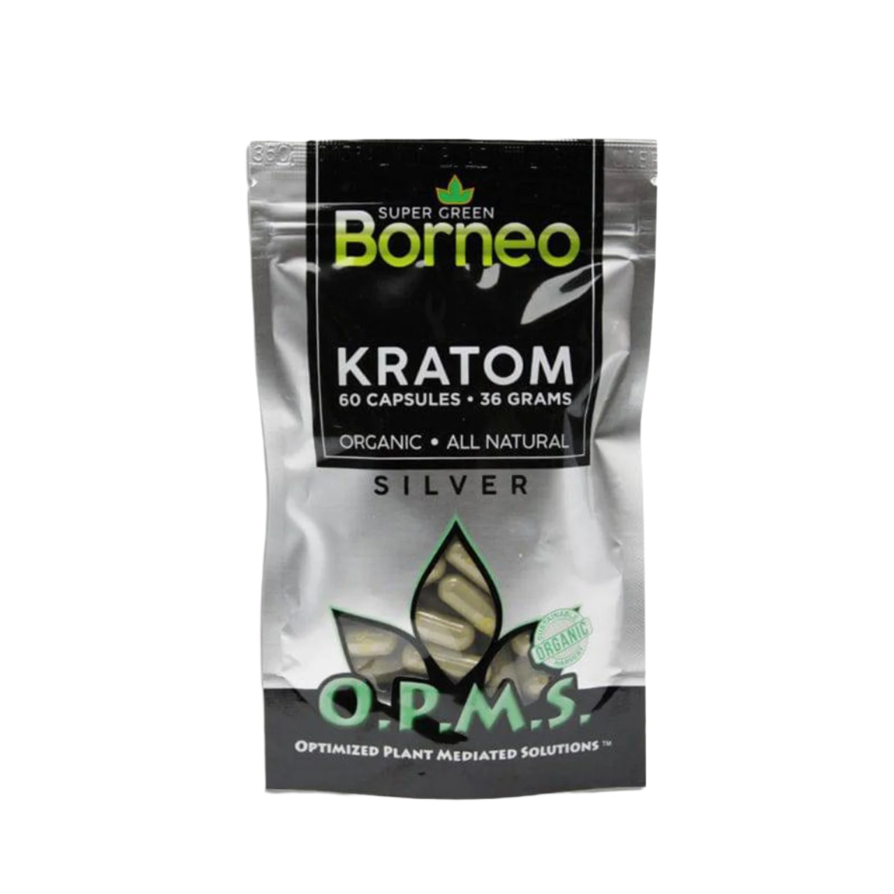 O.P.M.S. SILVER KRATOM CAPSULES 60CT / 36G / 1.27OZ - BORNEO SUPER GREEN VEIN - Seven Tech