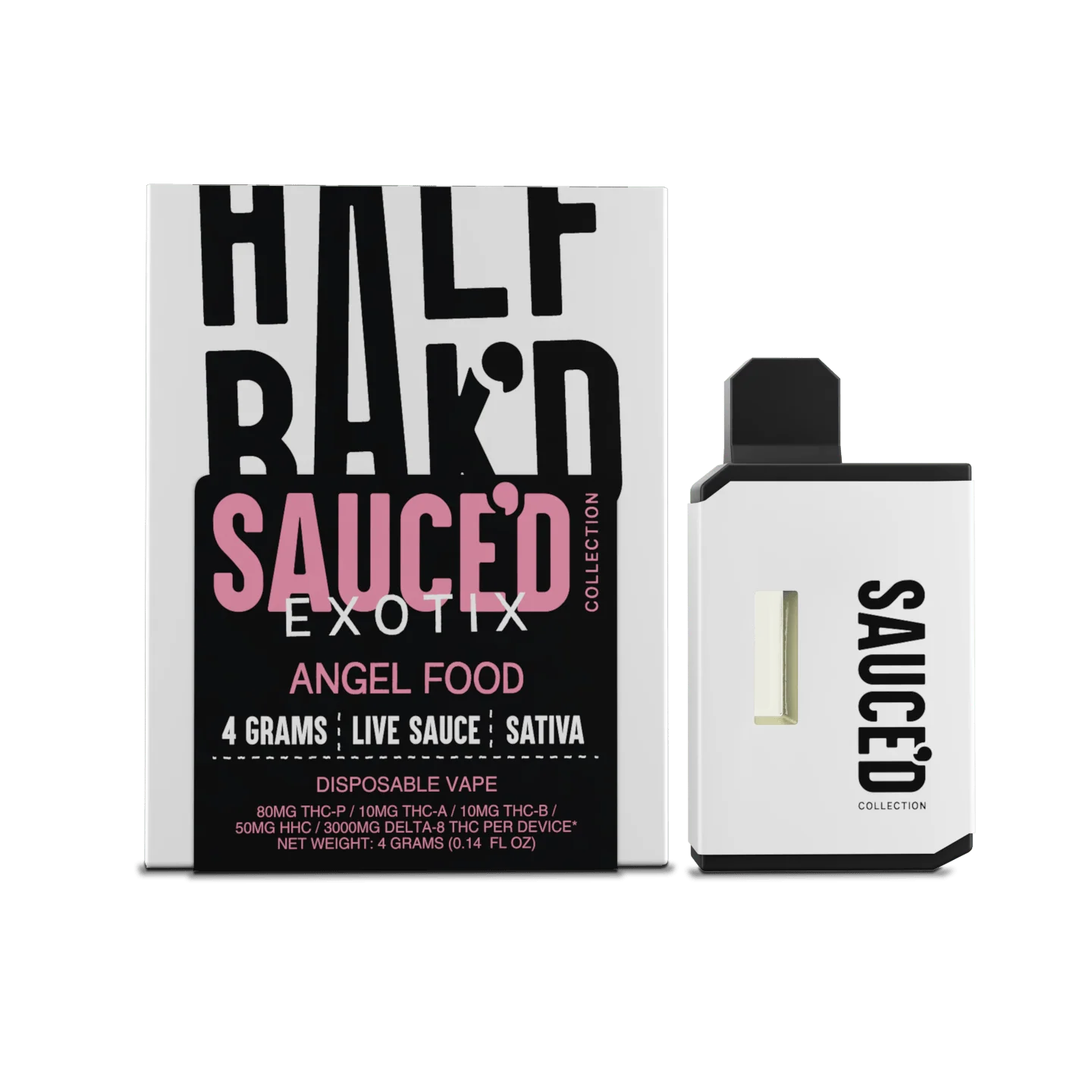 HALF BAKED SAUCED EXOTIX ANGEL FOOD  4 GRAMS LIVE SAUCE SATIVA DISPOSABLE VAPE 80MG THC-P 5OMH HHC/