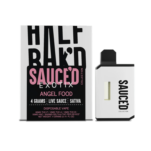 HALF BAKED SAUCED EXOTIX ANGEL FOOD  4 GRAMS LIVE SAUCE SATIVA DISPOSABLE VAPE 80MG THC-P 5OMH HHC/