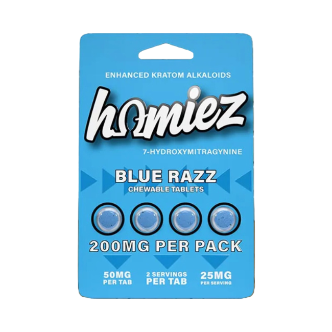 HOMIEZ 7-HYDROXYMITRAGYNINE TABLETS 4CT / 50MG EACH – BLUE RAZZ - Seven Tech