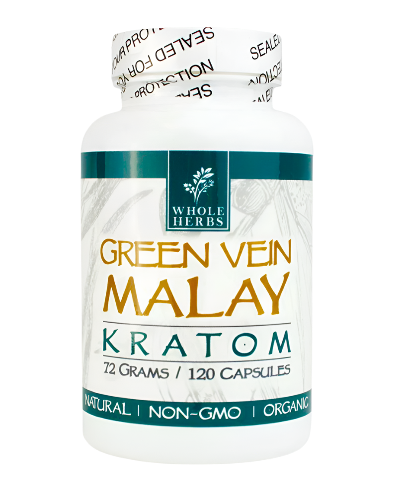 WHOLE HERBS KRATOM CAPSULES 120CT / 72G / 2.5OZ - MALAY GREEN VEIN - Seven Tech