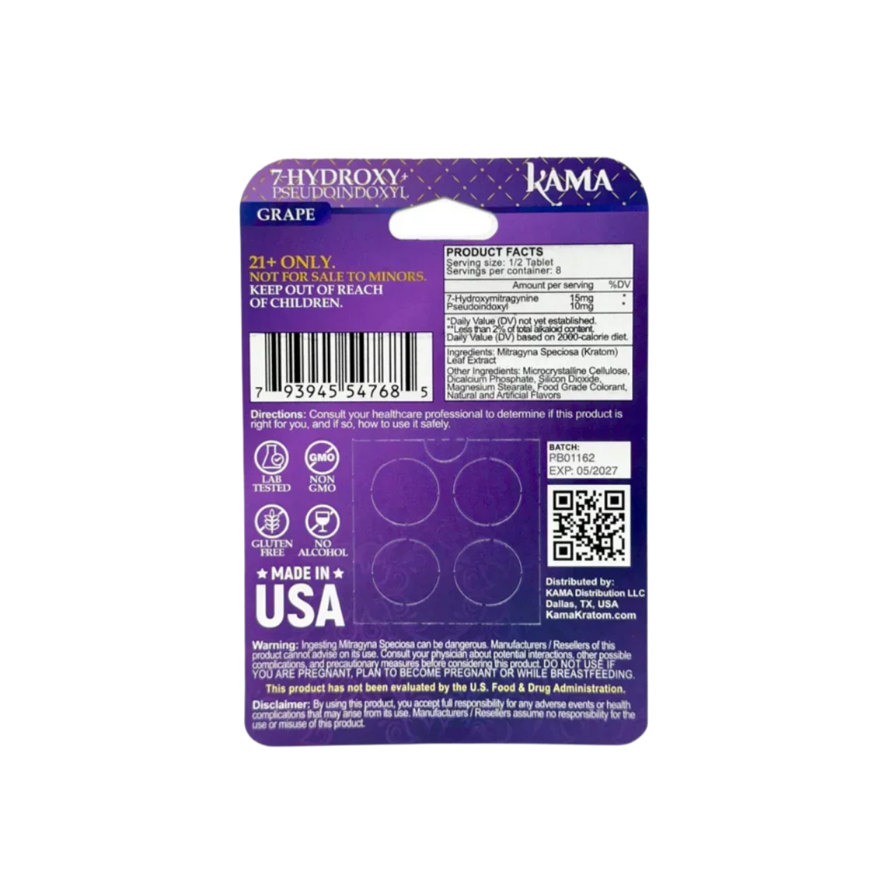 KAMA 4ct 7OH + Psuedoindoxyl Tabs Grape 50mg per Tablet - Seven Tech