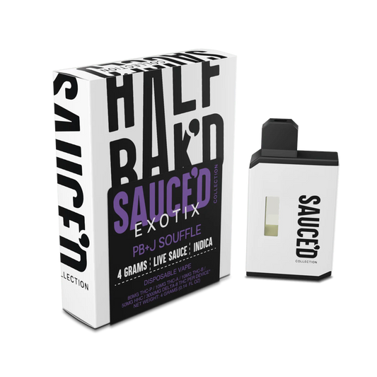 HALF BAKED SAUCED EXOTIX PB&J SOUFFLE  4 GRAMS LIVE SAUCE INDICA DISPOSABLE VAPE 80MG THC-B 5OMH HHC/