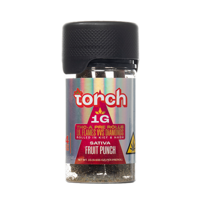 Torch THC-A Pre-Rolls Lil Flames VVS Diamonds Rolled in Kief and Hash 1g 4ct Jar Fruit Punch Sativa - Seven Tech
