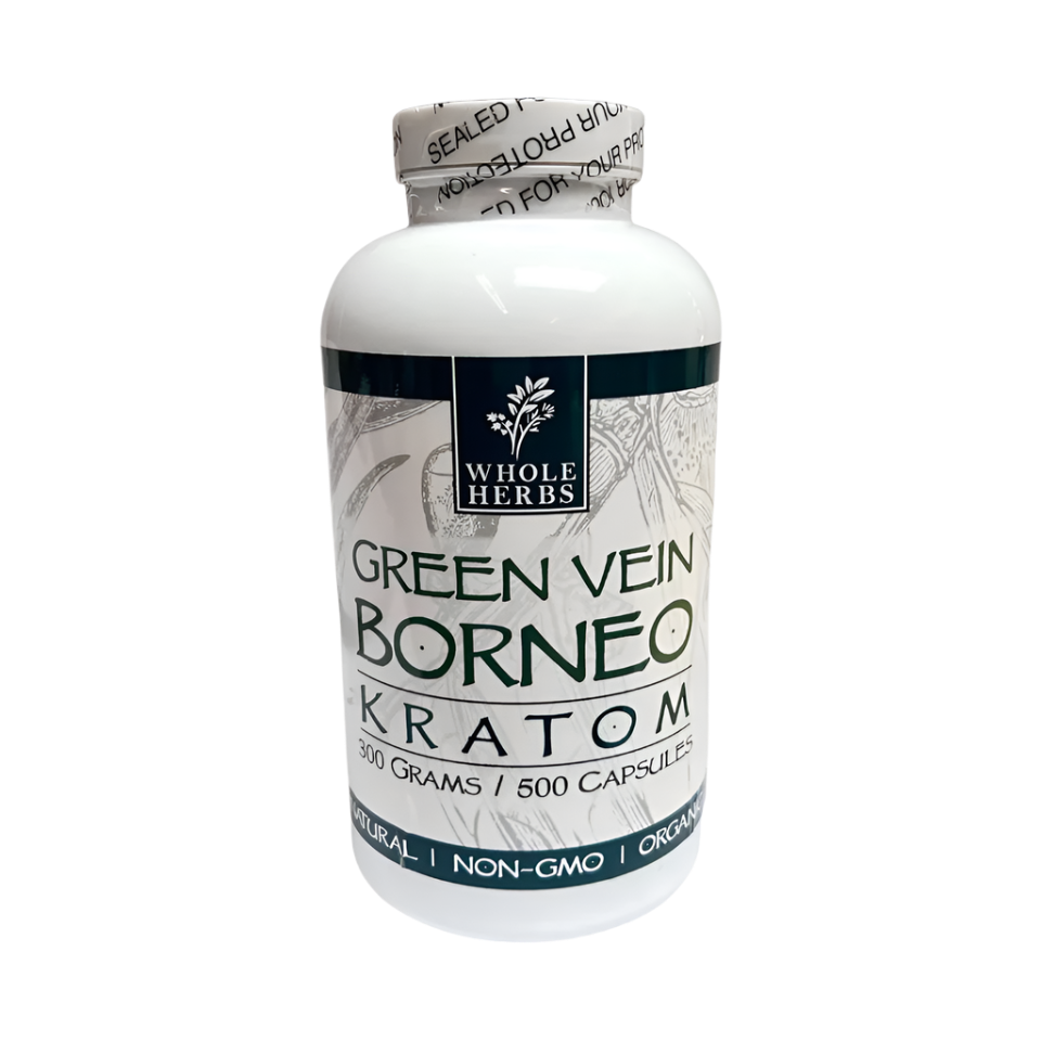 WHOLE HERBS KRATOM CAPSULES 500CT / 300G / 10.6OZ - BORNEO GREEN VEIN - Seven Tech