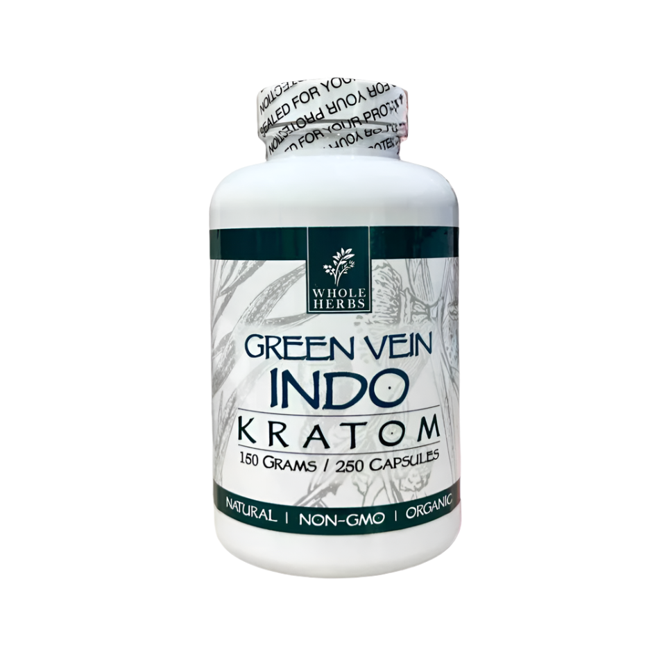 WHOLE HERBS KRATOM CAPSULES 250CT / 150G / 5.3OZ - INDO GREEN VEIN - Seven Tech