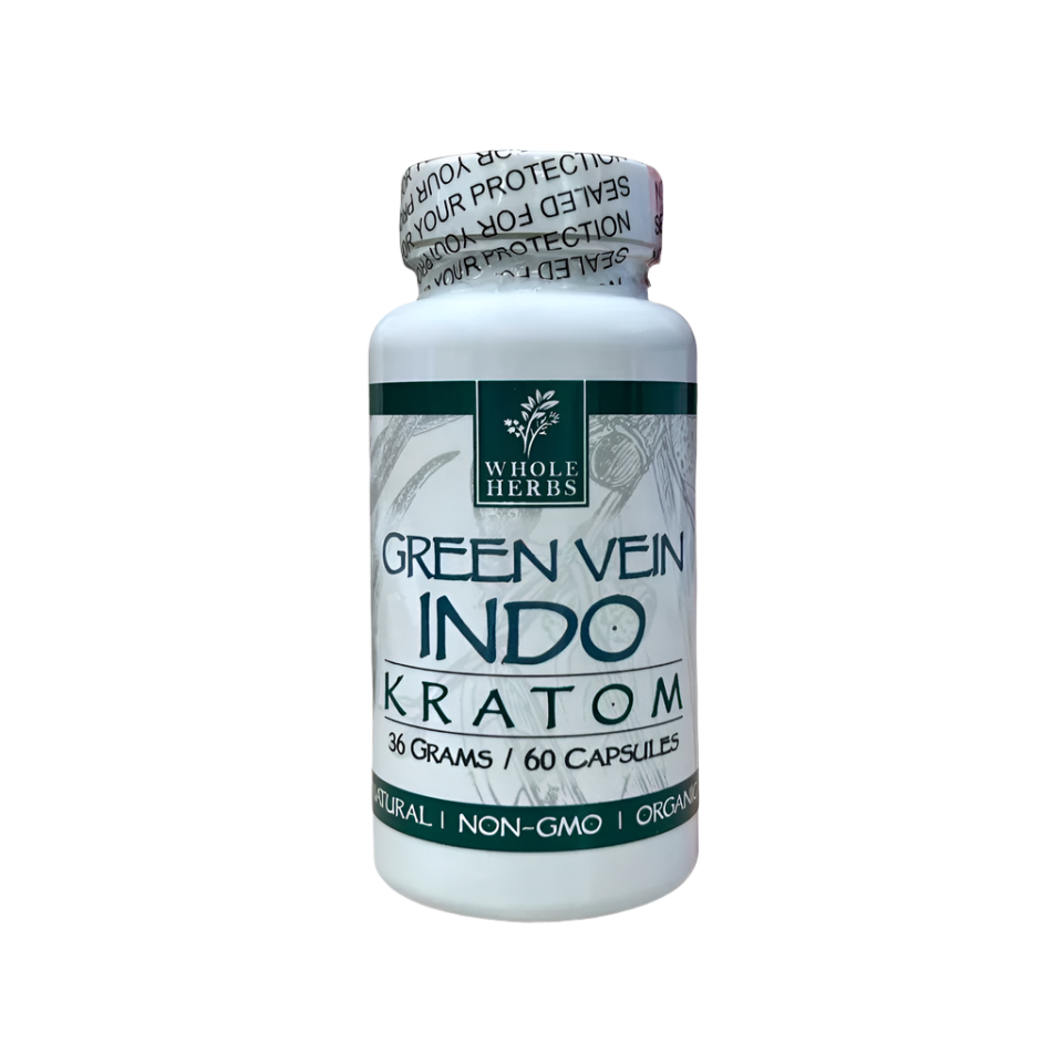 WHOLE HERBS KRATOM CAPSULES 60CT / 36G / 1.3OZ - INDO GREEN VEIN - Seven Tech