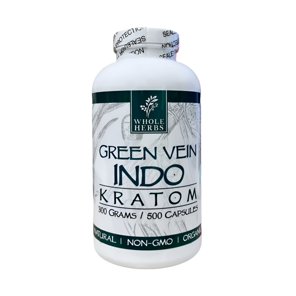 WHOLE HERBS KRATOM CAPSULES 500CT / 300G / 10.6OZ - INDO GREEN VEIN - Seven Tech