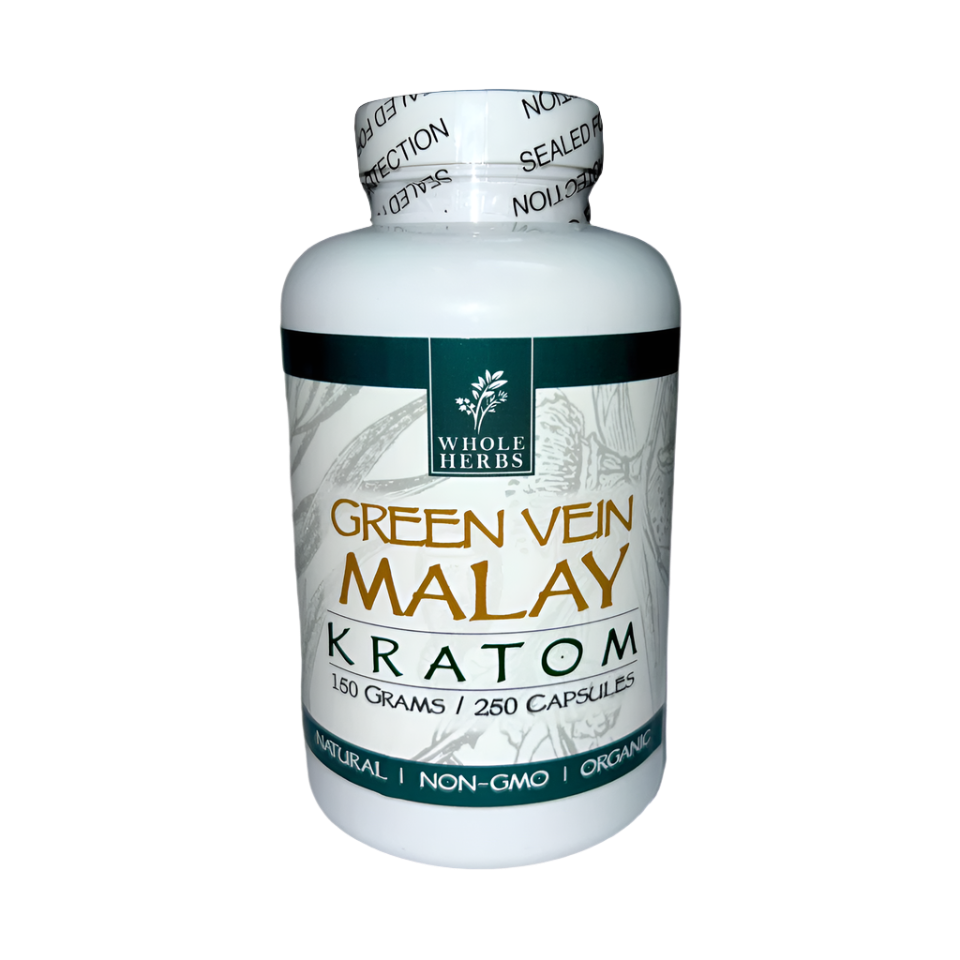 WHOLE HERBS KRATOM CAPSULES 250CT / 150G / 5.3OZ - MALAY GREEN VEIN - Seven Tech