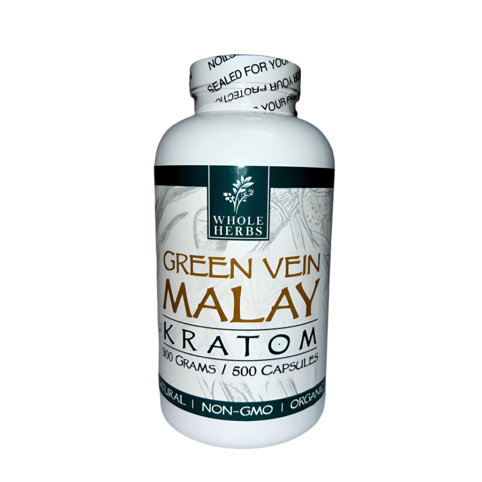 WHOLE HERBS KRATOM CAPSULES 500CT / 300G / 10.6OZ - MALAY GREEN VEIN - Seven Tech