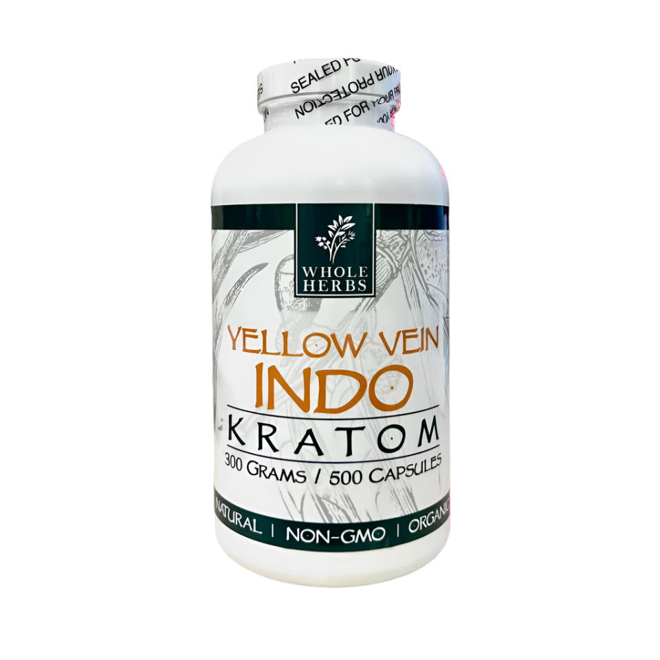WHOLE HERBS KRATOM CAPSULES 500CT / 300G / 10.6OZ - INDO YELLOW VEIN - Seven Tech