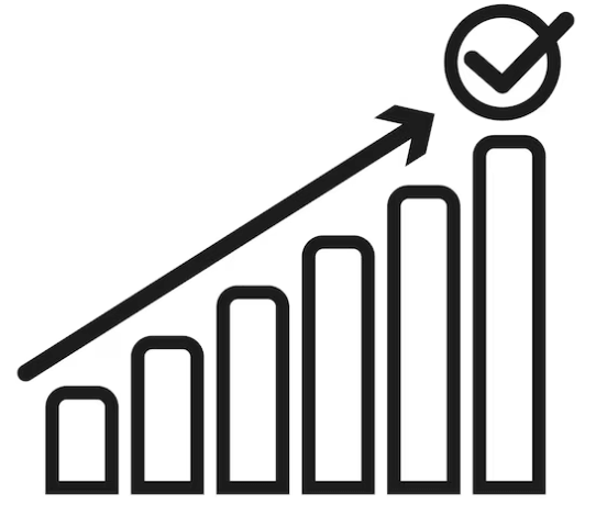 Bar chart with an upward trend arrow and a check mark, indicating success or approval.