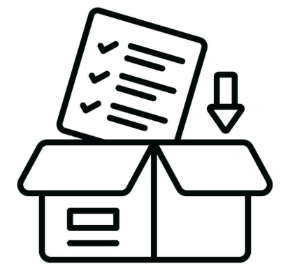 Icon of a box with a document and an arrow, symbolizing downloading or receiving a document.