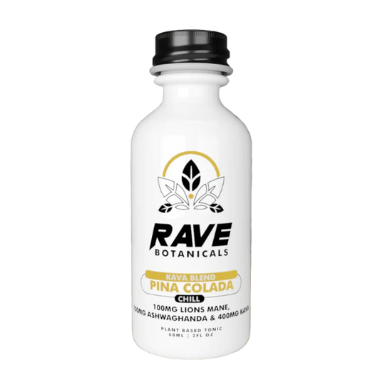RAVE BOTANICALS KAVA BLEND CHILL 2OZ (60ML) – PINA COLADA | 100MG LION’S MANE + 100MG ASHWAGANDHA